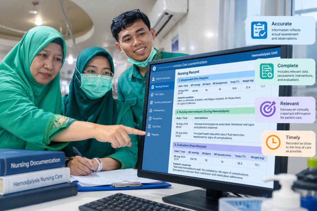 Nurse reviewing accurate and complete nursing documentation in a hemodialysis unit